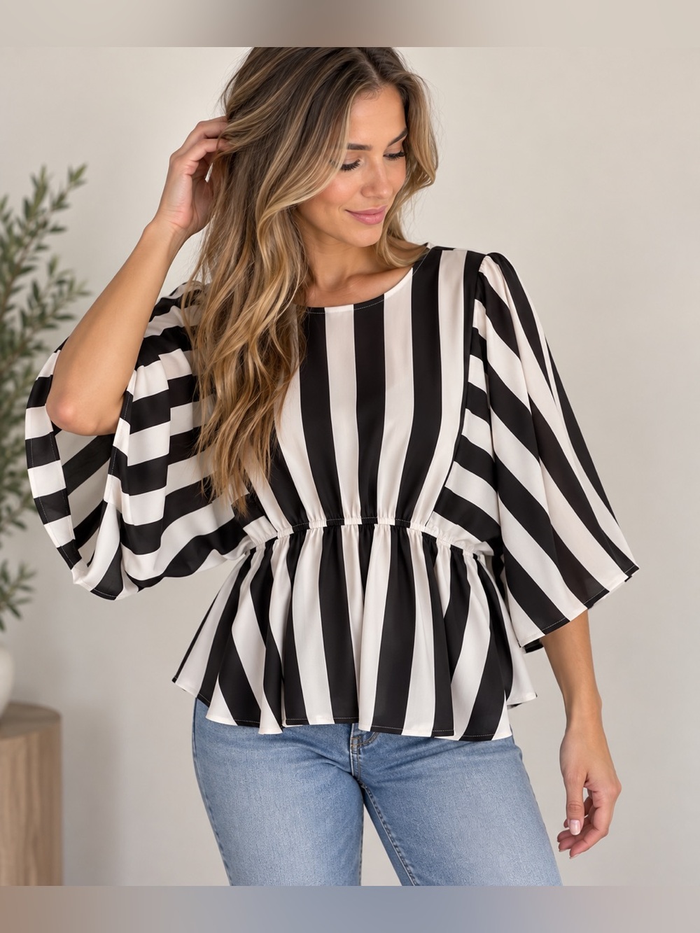 Savanna Jane Black White Striped Peplum Blouse Balloon Sleeve S